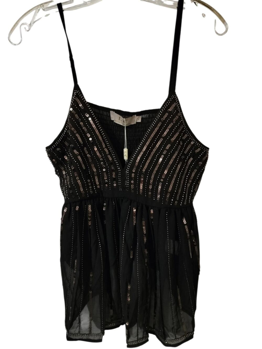 6017)Lizette Collection Black Sequin Sheer Beaded Babydoll Cami Top Jr Small